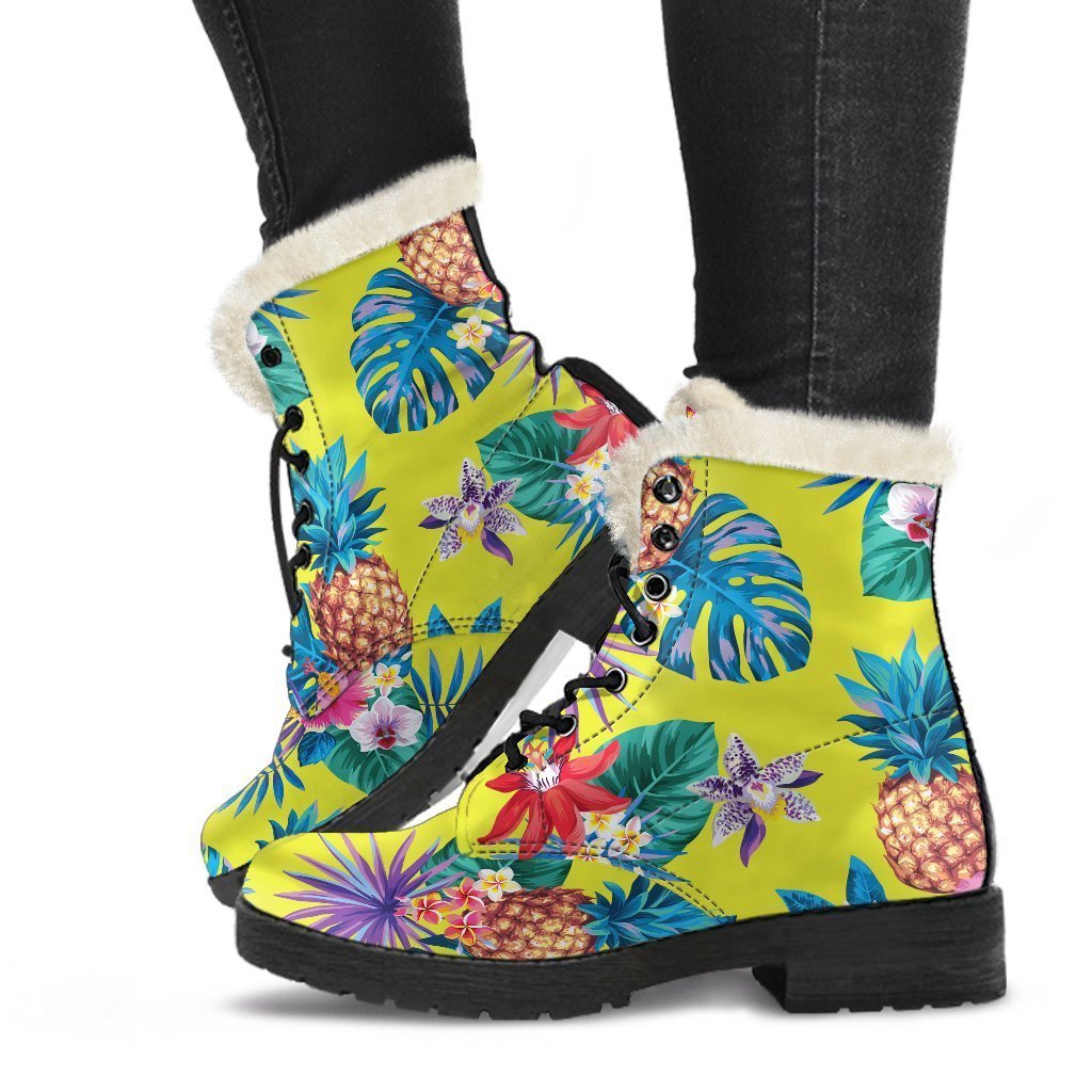 Lime Hawaiian Pineapple Faux Fur Leather Boots for Groovy Hippies - 1