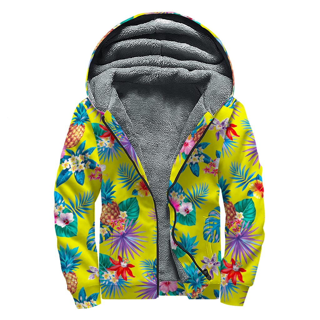 Lime Hawaiian Pineapple Pattern Print Sherpa Lined Zip Up Hoodie - Embrace Your Inner Hippie - 1