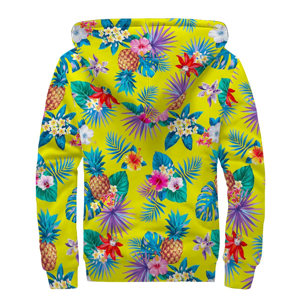 Lime Hawaiian Pineapple Pattern Print Sherpa Lined Zip Up Hoodie - Embrace Your Inner Hippie - 2