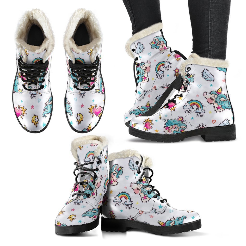 Groovy Unicorn Pattern Faux Fur Leather Boots for Hippies - 2