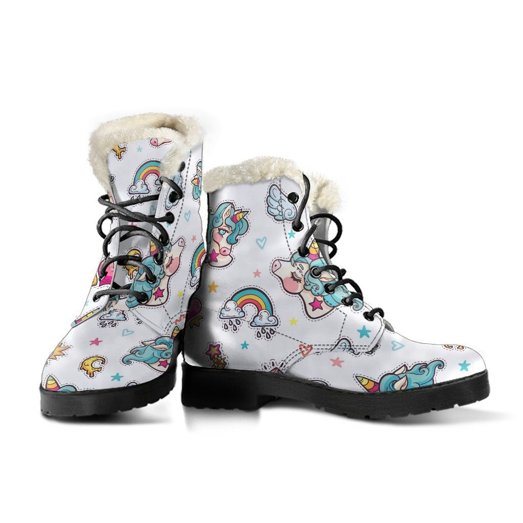 Groovy Unicorn Pattern Faux Fur Leather Boots for Hippies - 3