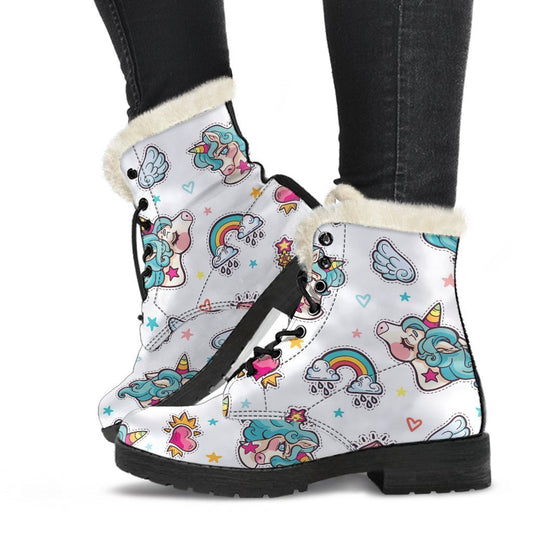 Groovy Unicorn Pattern Faux Fur Leather Boots for Hippies - 1