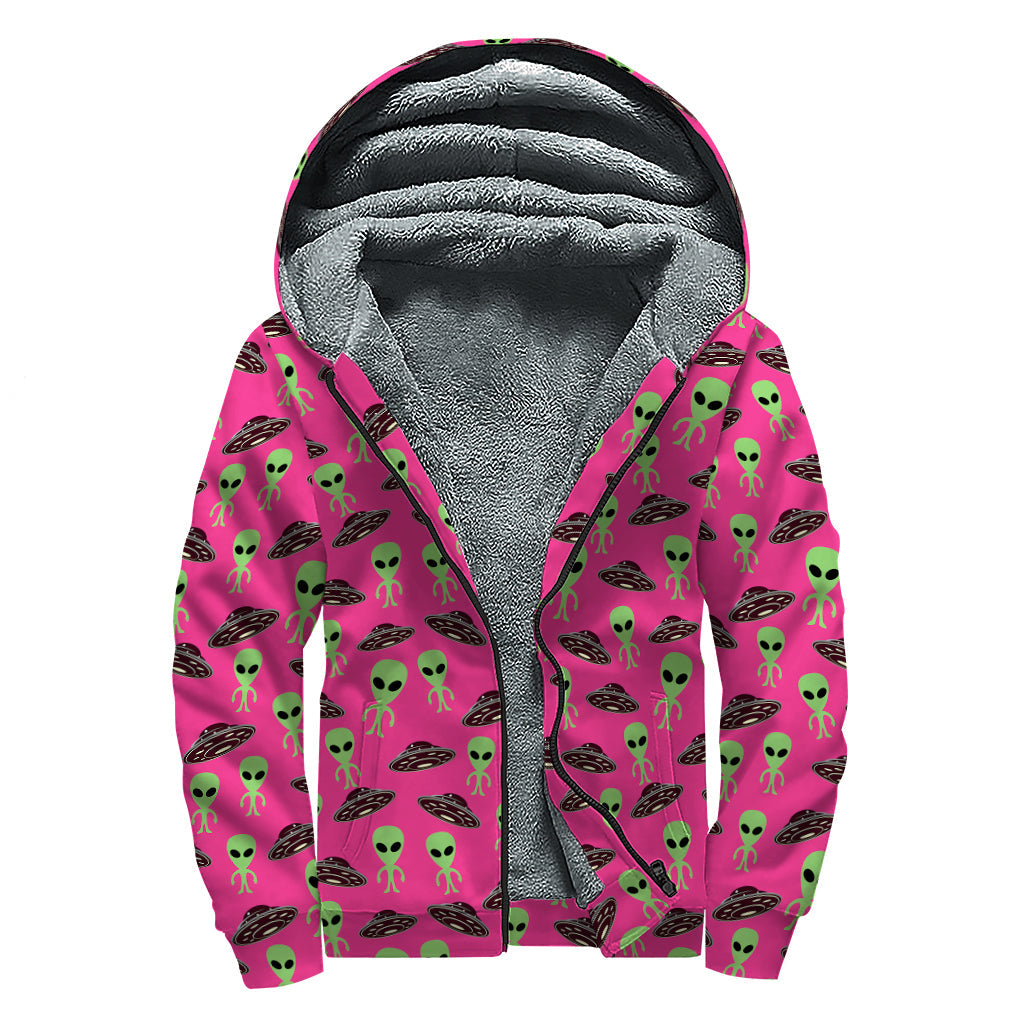 Little Green Alien UFO Print Sherpa-Lined Zip Up Hoodie for Hippie Chic - 1