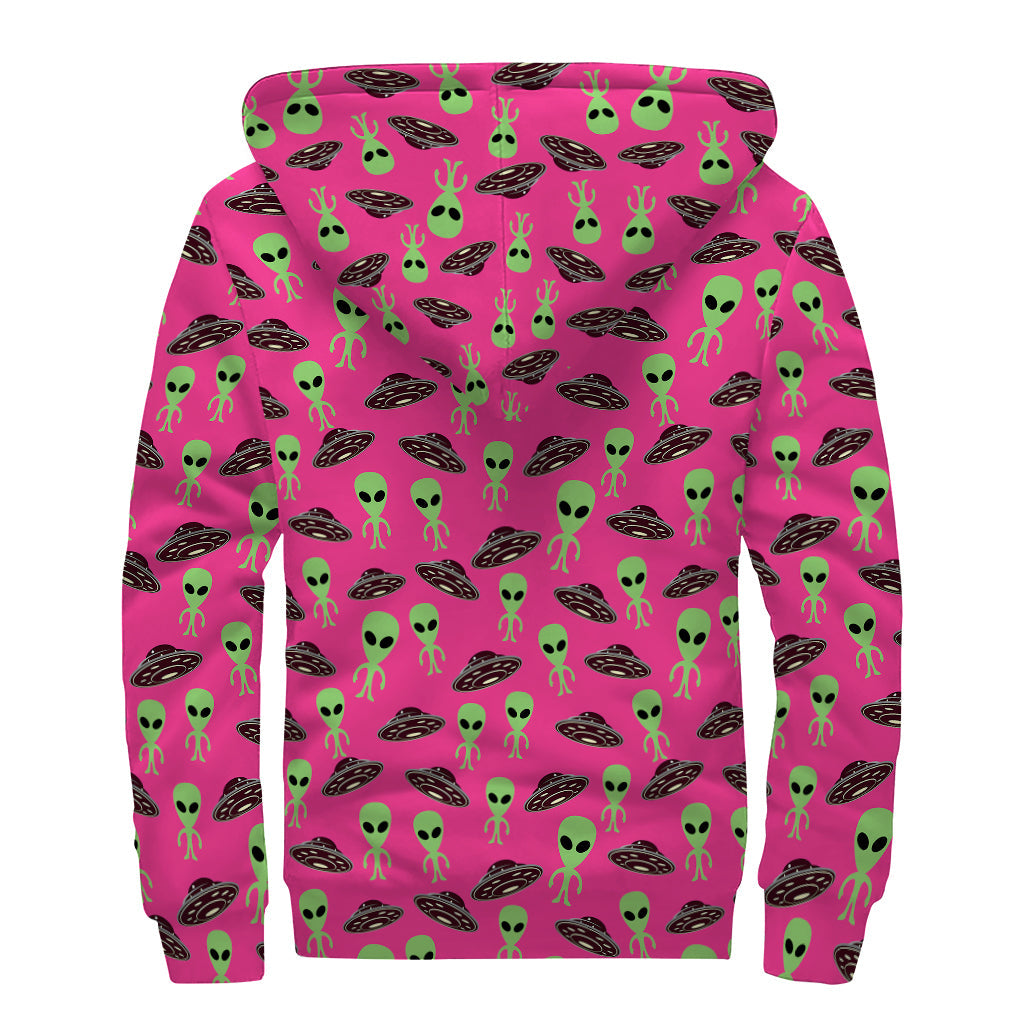 Little Green Alien UFO Print Sherpa-Lined Zip Up Hoodie for Hippie Chic - 2