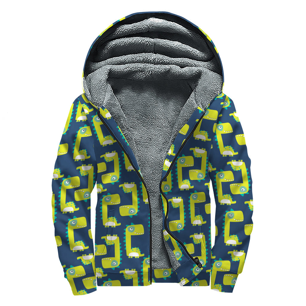 Peaceful and Cozy: Little Green Dinosaur Pattern Sherpa Lined Zip Up Hoodie for Hippies - 1