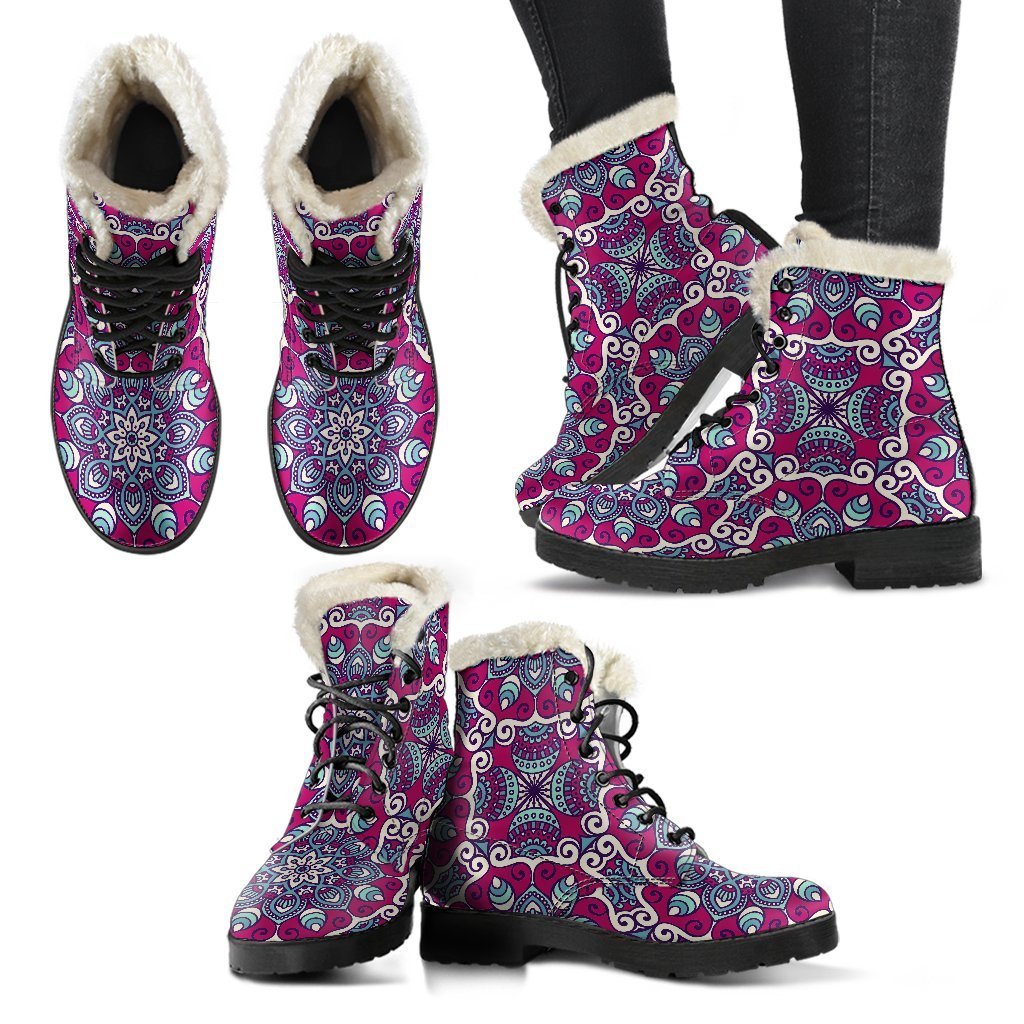 Magenta Mandala Bohemian Faux Fur Leather Boots for the Hippie Soul - 2