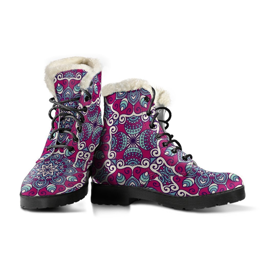 Magenta Mandala Bohemian Faux Fur Leather Boots for the Hippie Soul - 3