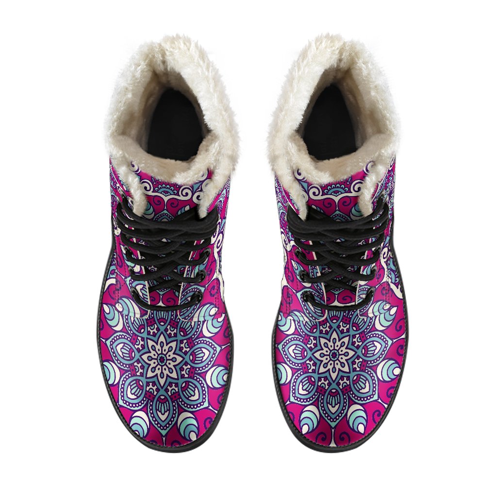 Magenta Mandala Bohemian Faux Fur Leather Boots for the Hippie Soul - 4