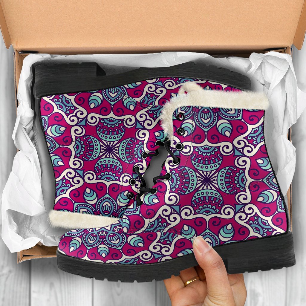 Magenta Mandala Bohemian Faux Fur Leather Boots for the Hippie Soul - 5