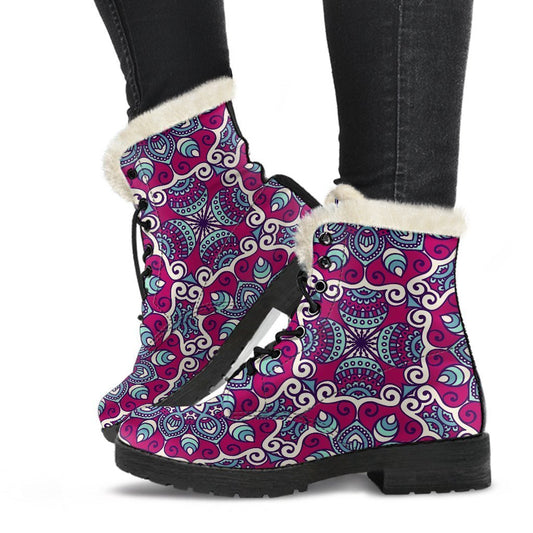 Magenta Mandala Bohemian Faux Fur Leather Boots for the Hippie Soul - 1