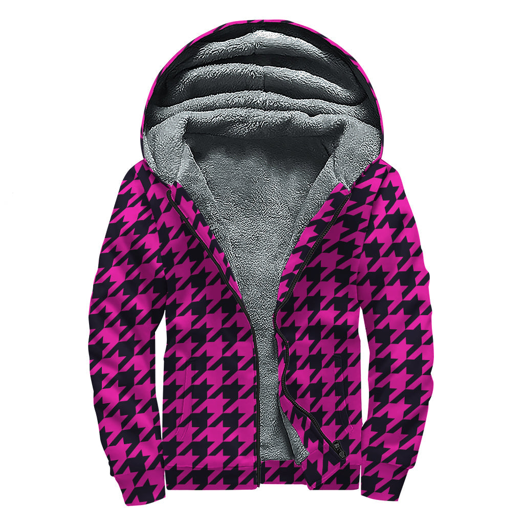 Magenta Pink and Black Houndstooth Print Sherpa Lined Zip Up Hoodie for Rad Hippies - 1