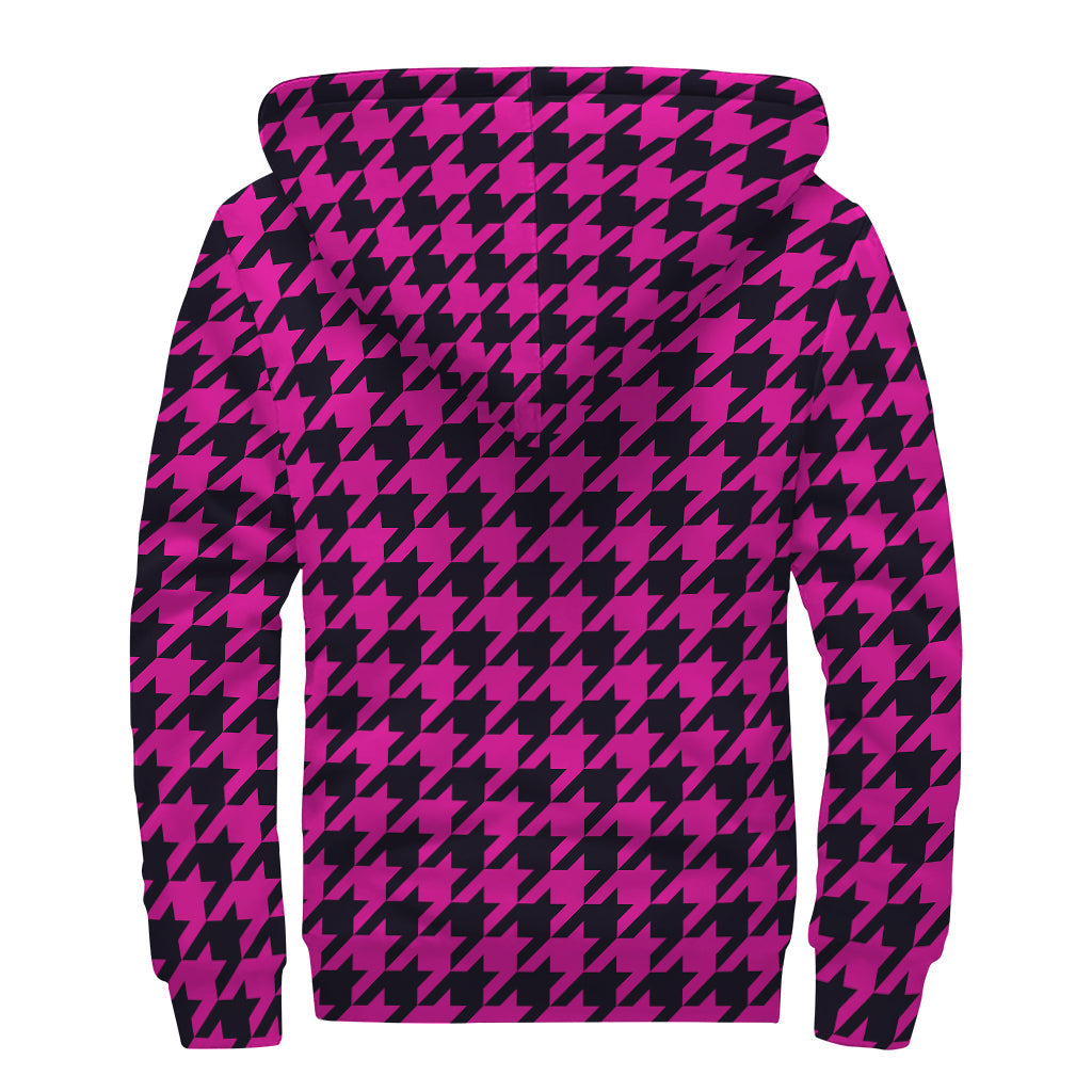 Magenta Pink and Black Houndstooth Print Sherpa Lined Zip Up Hoodie for Rad Hippies - 2