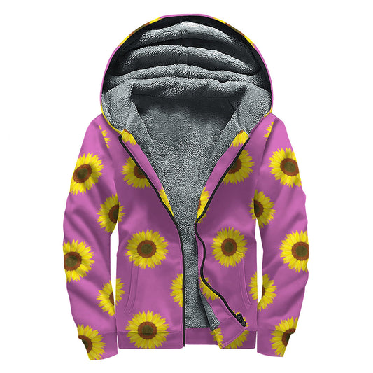 Magenta Pink Sunflower Pattern Sherpa Lined Hoodie for Chic Hippies - 1