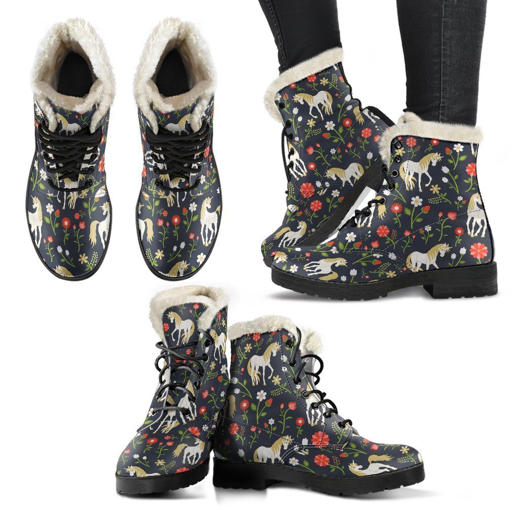 Magic Floral Unicorn Faux Fur Leather Boots: Embrace Your Inner Hippie - 2