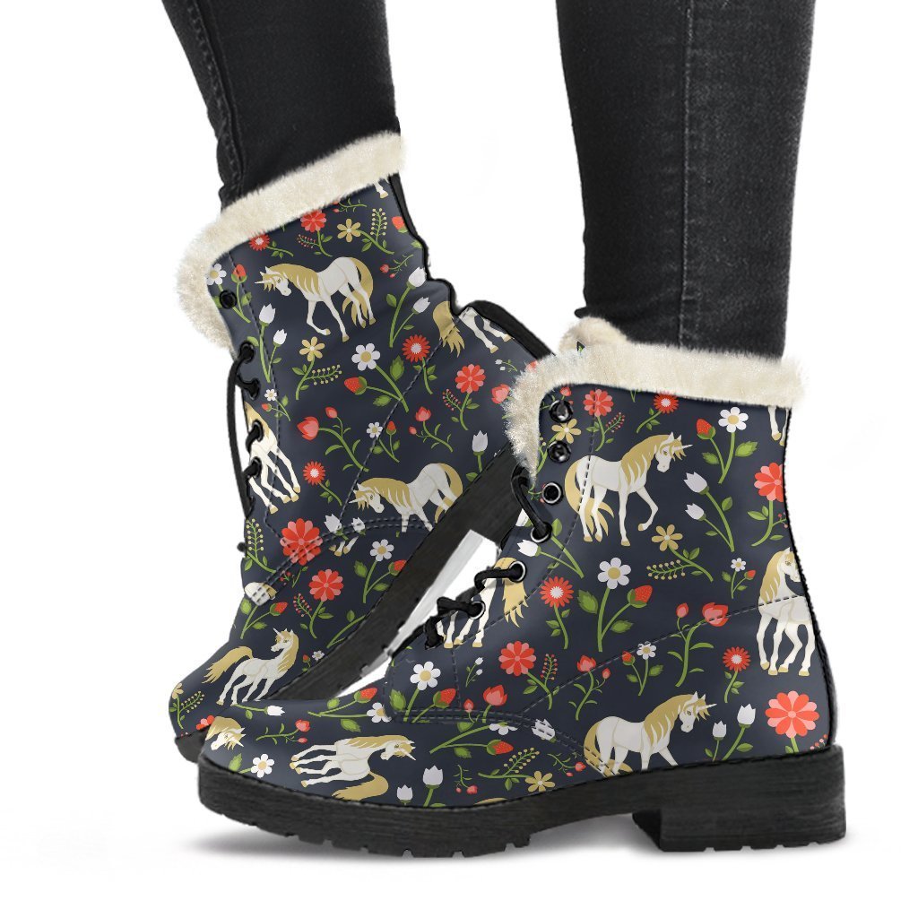 Magic Floral Unicorn Faux Fur Leather Boots: Embrace Your Inner Hippie - 1