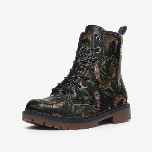 Emerald Blossoms - Magical Death's Head Hawkmoth And Snapdragon Flowers Vegan Leather Combat Boots For Hippies