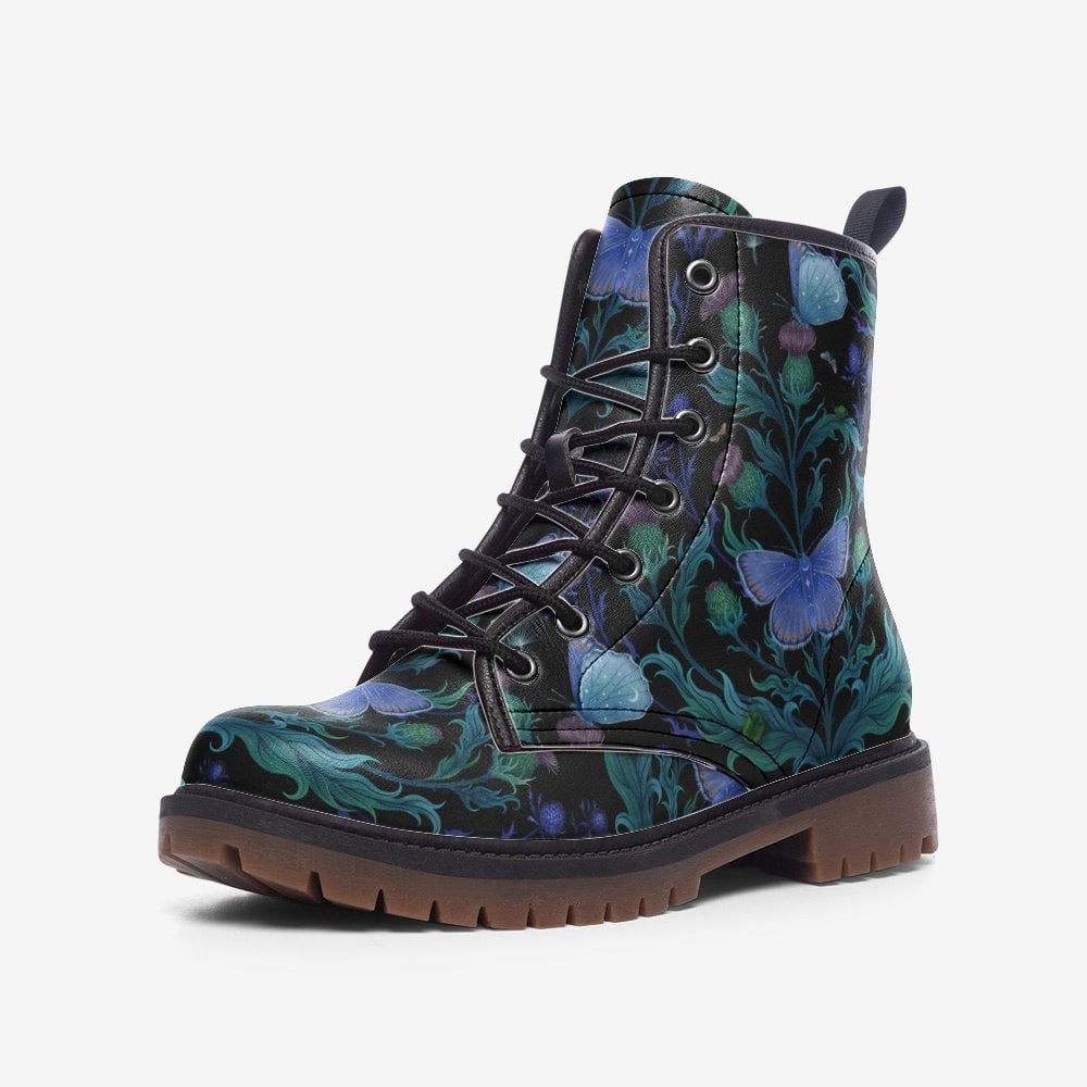 Emerald Blossoms - Magical Night Moth & Thistle Plant Vegan Leather Lightweight Combat Boots For Hippies