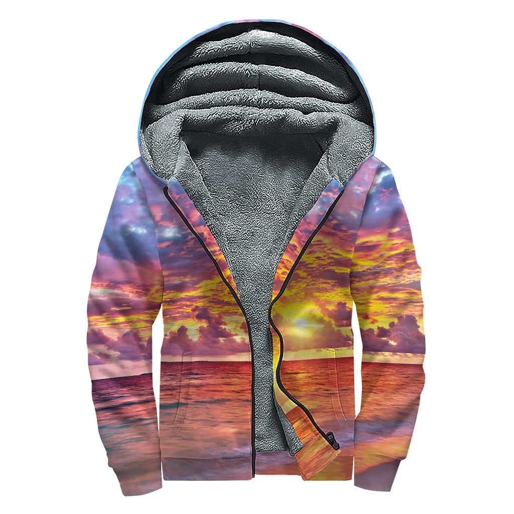 Maldives Sunset Print Sherpa Lined Zip Up Hoodie: Embrace Your Inner Hippie Style - 1