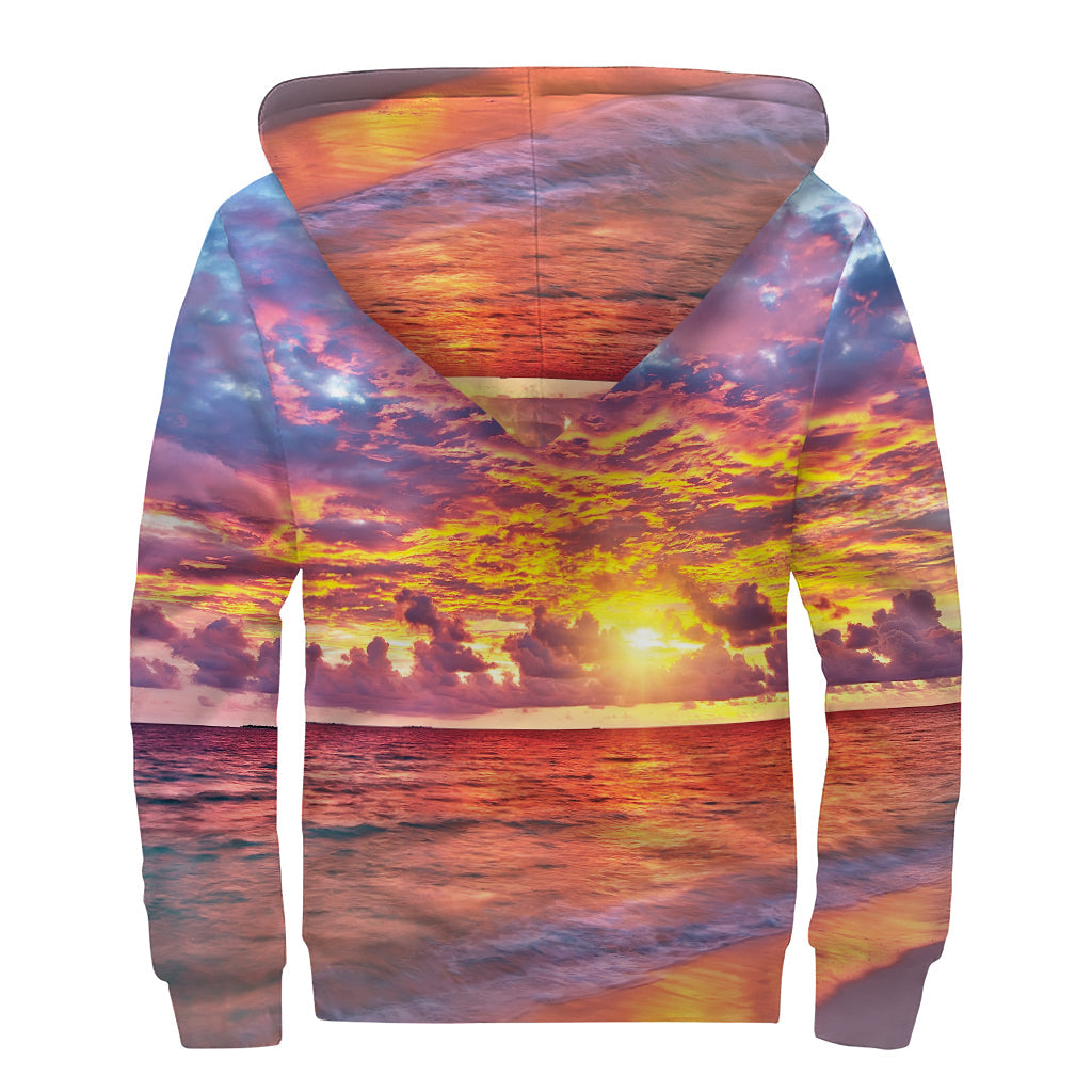 Maldives Sunset Print Sherpa Lined Zip Up Hoodie: Embrace Your Inner Hippie Style - 2