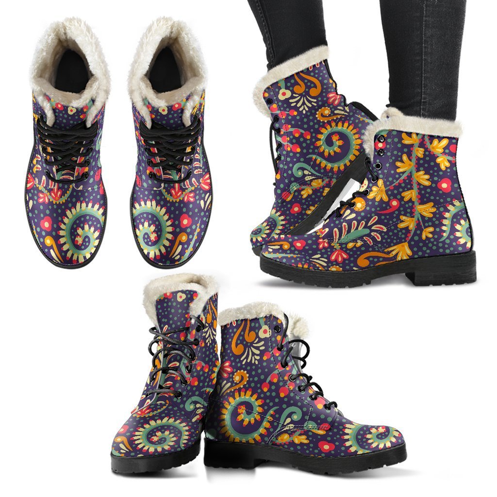 Mandala Floral Bohemian Faux Fur Leather Boots for the Free Spirited Hippies - 2