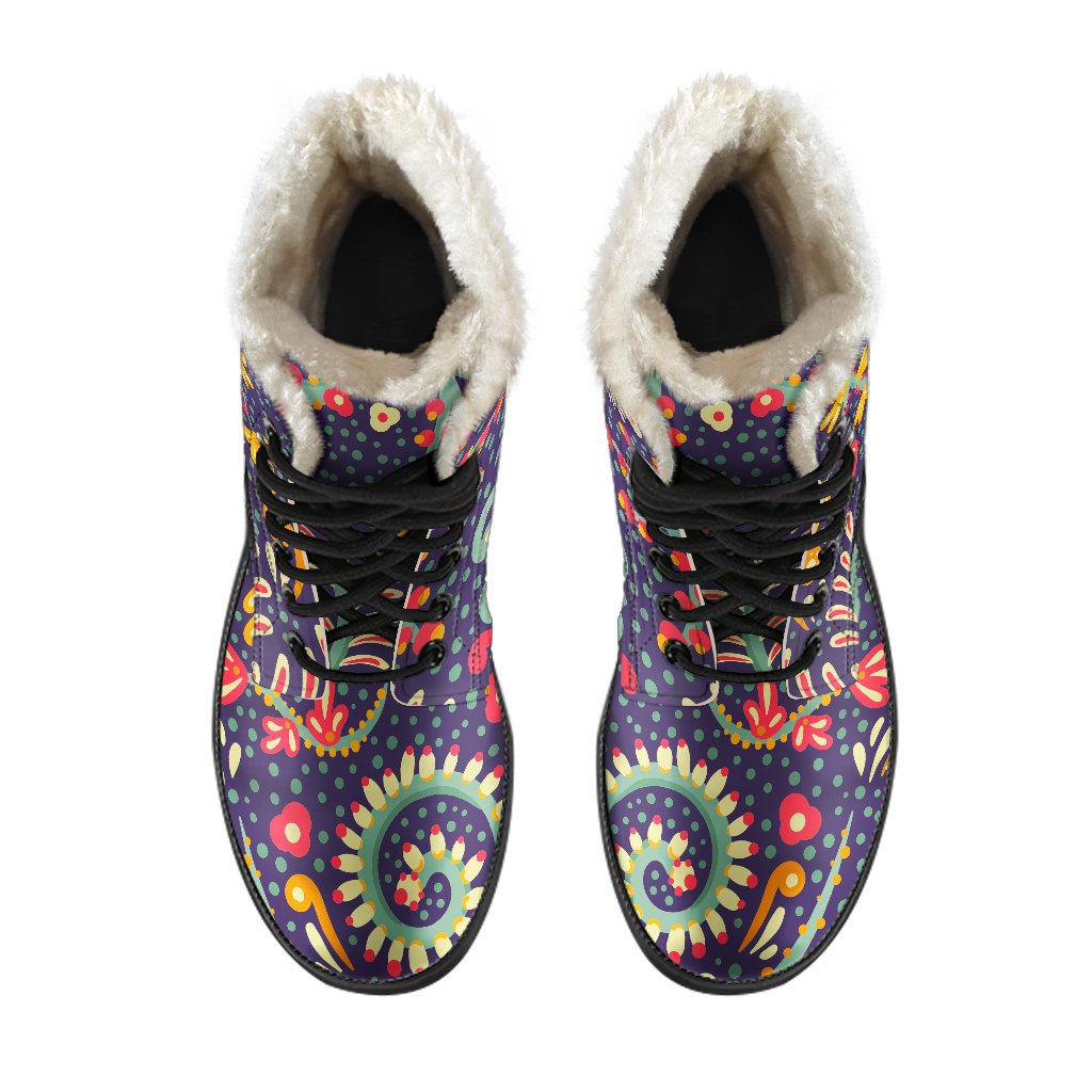 Mandala Floral Bohemian Faux Fur Leather Boots for the Free Spirited Hippies - 4