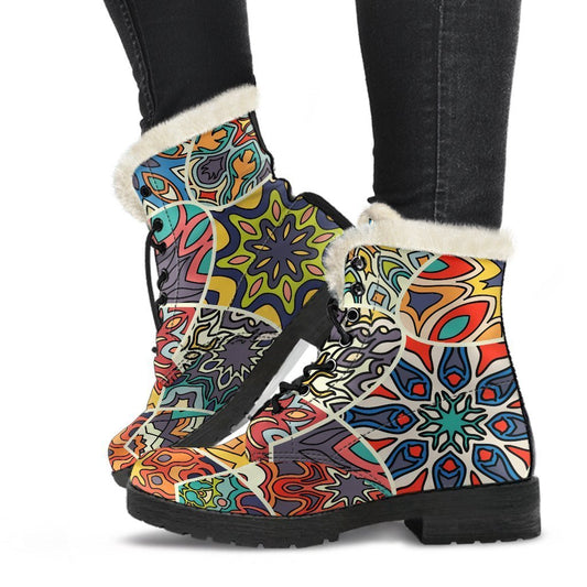 Mandala Star Bohemian Faux Fur Leather Boots - 1