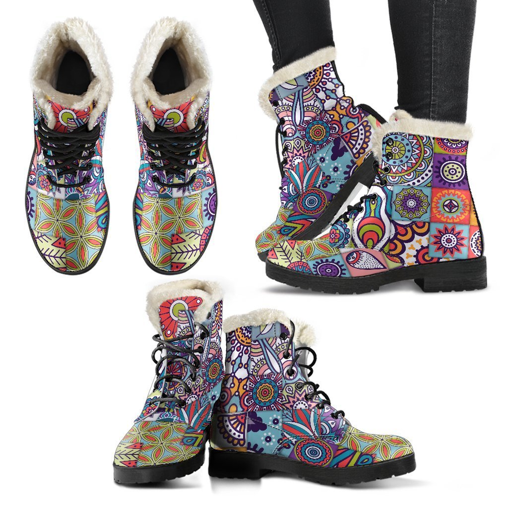 Mandala Tile Bohemian Pattern Faux Fur Leather Boots for the Free-Spirited Hippie - 2