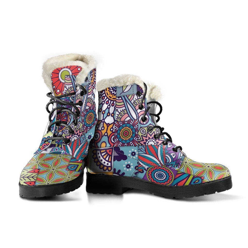 Mandala Tile Bohemian Pattern Faux Fur Leather Boots for the Free-Spirited Hippie - 3