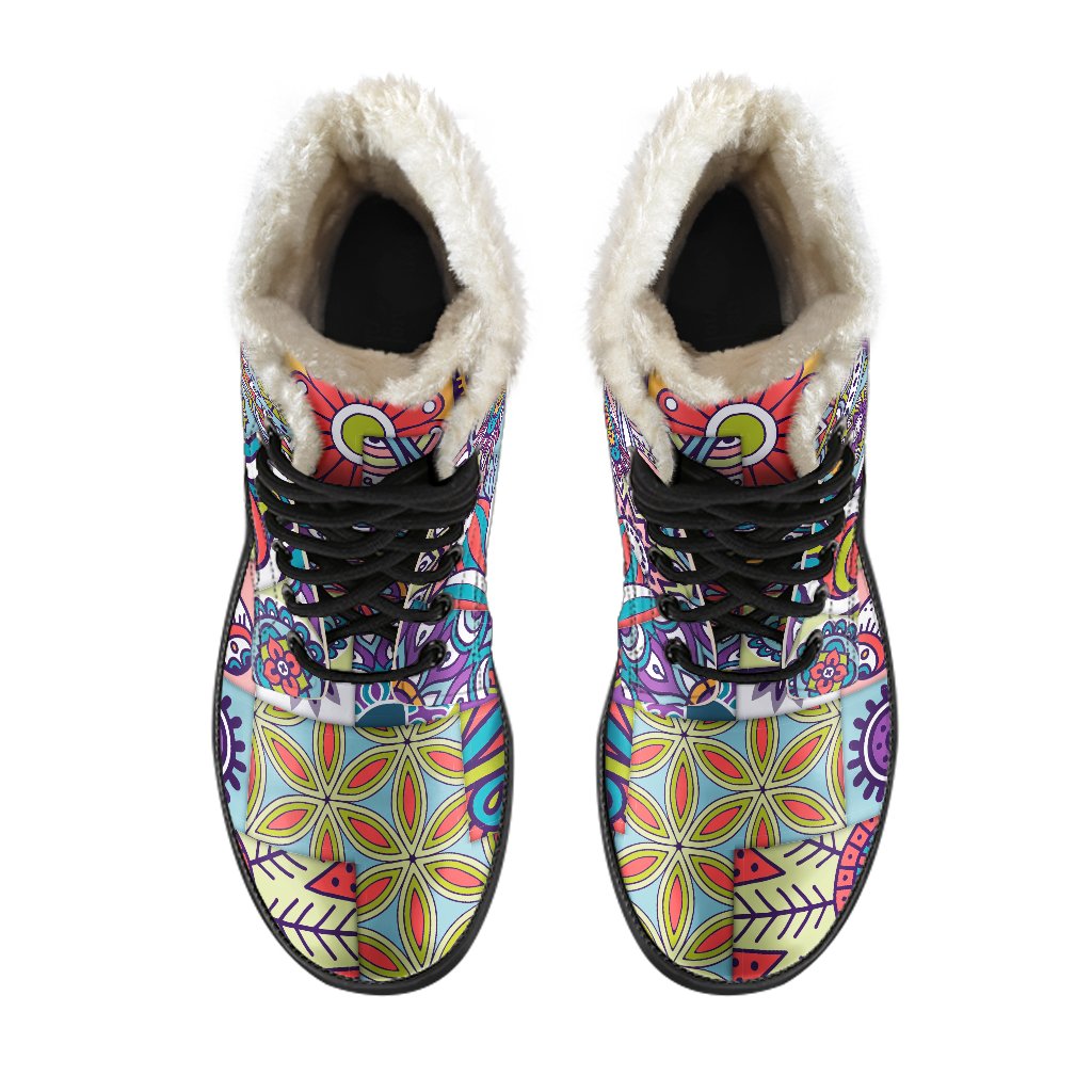 Mandala Tile Bohemian Pattern Faux Fur Leather Boots for the Free-Spirited Hippie - 4