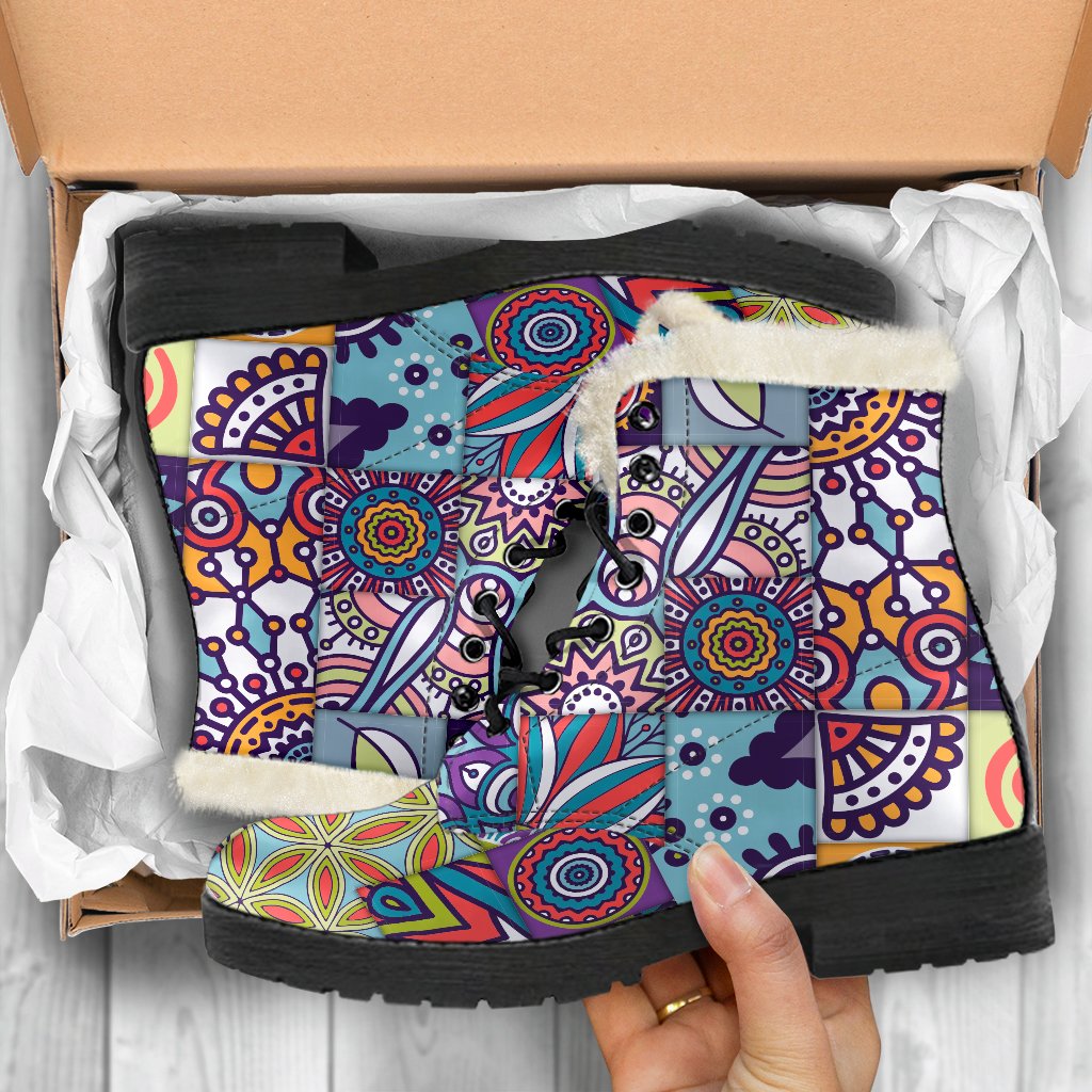 Mandala Tile Bohemian Pattern Faux Fur Leather Boots for the Free-Spirited Hippie - 5