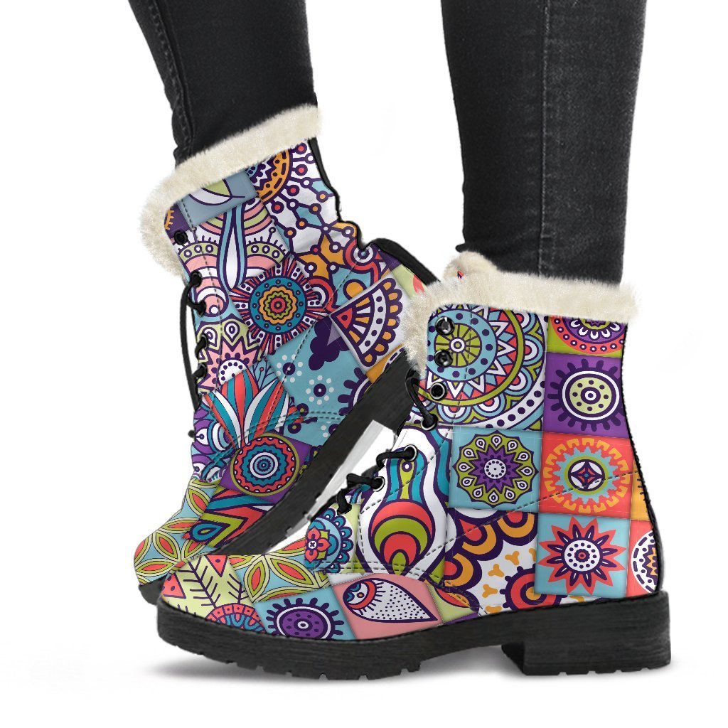 Mandala Tile Bohemian Pattern Faux Fur Leather Boots for the Free-Spirited Hippie - 1