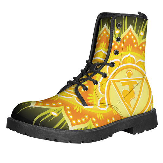 Step into Peace: Manipura Chakra Mandala Print Leather Boots for Hippies - 1