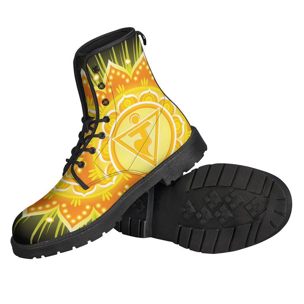 Step into Peace: Manipura Chakra Mandala Print Leather Boots for Hippies - 2