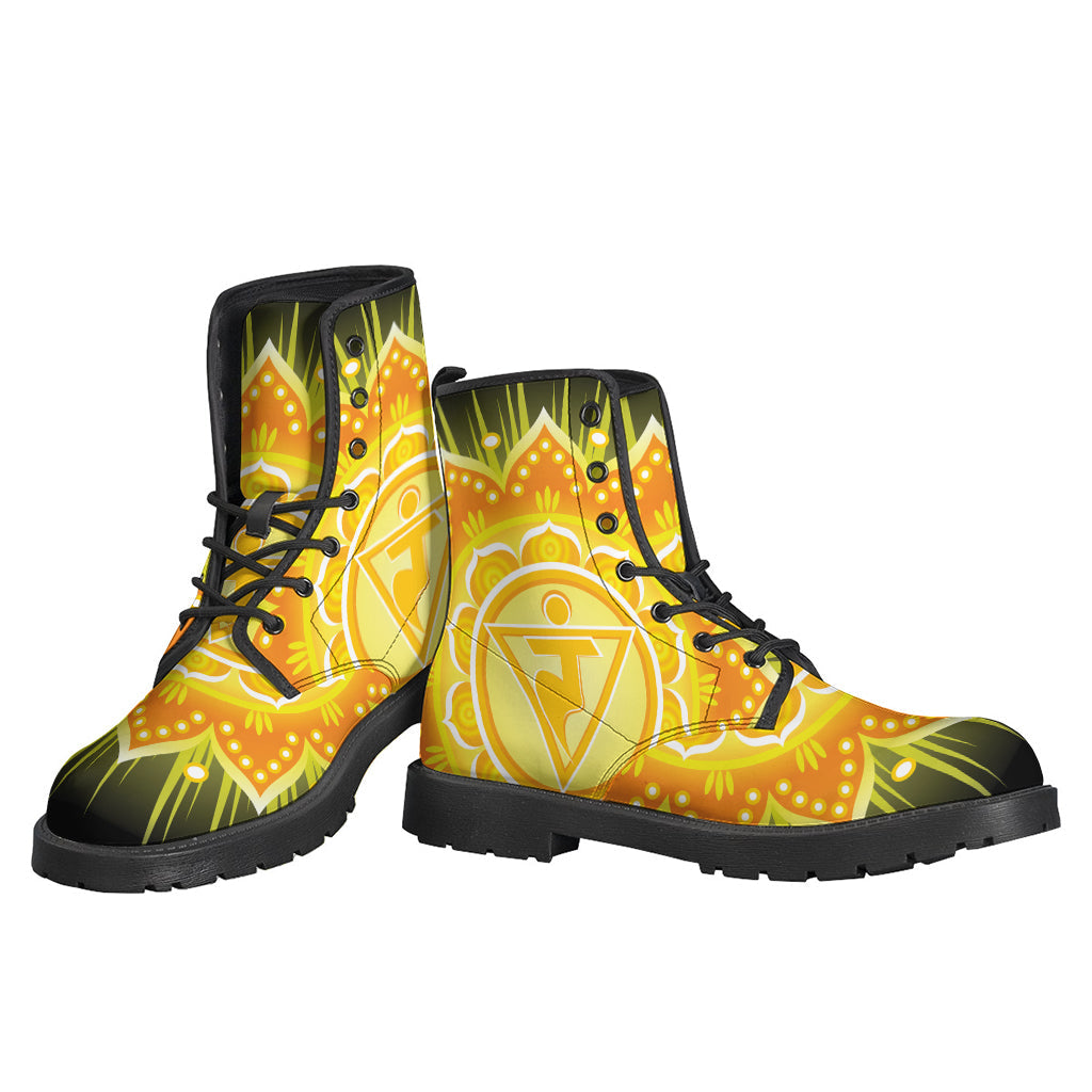 Step into Peace: Manipura Chakra Mandala Print Leather Boots for Hippies - 3