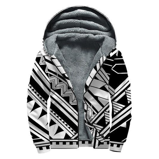 Maori Polynesian Tattoo Pattern Print Sherpa Lined Zip Up Hoodie for Cosmic Vibes - 1