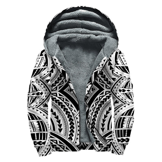 Maori Tribal Polynesian Tattoo Print Sherpa Lined Zip Up Hoodie for Groovy Hippies - 1