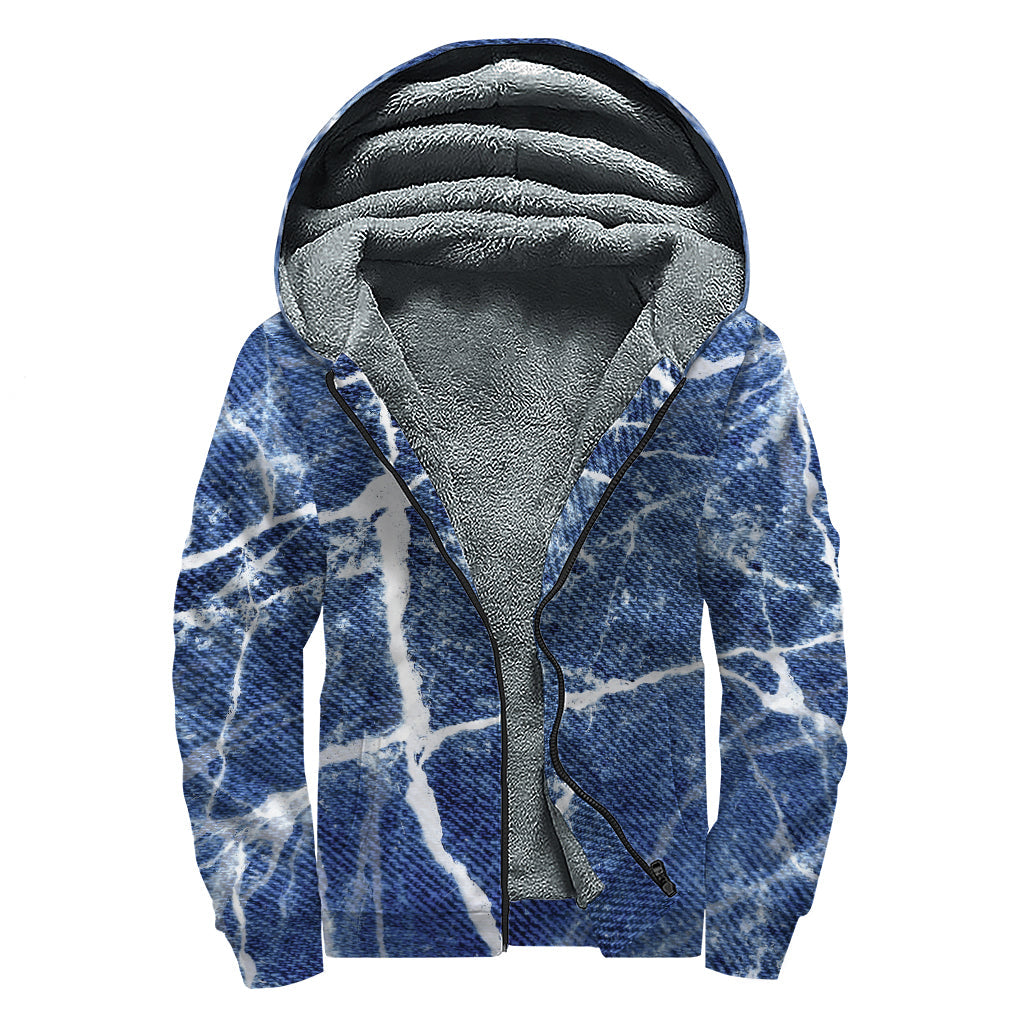 Marble Denim Jeans Pattern Print Hippies Sherpa Lined Zip Up Hoodie - 1