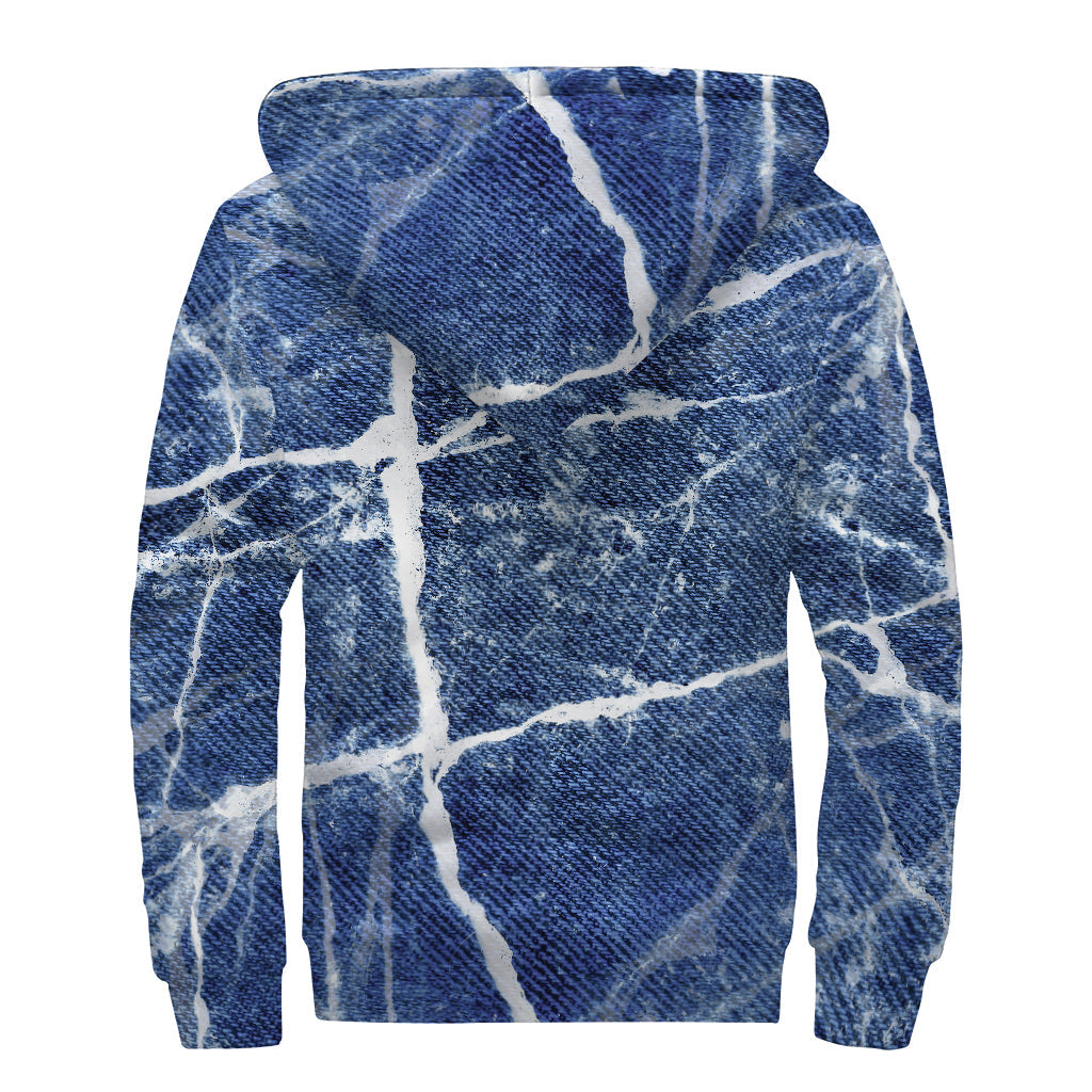 Marble Denim Jeans Pattern Print Hippies Sherpa Lined Zip Up Hoodie - 2