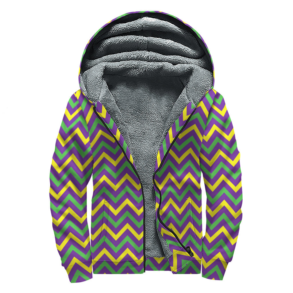 Mardi Gras Chevron Pattern Print Sherpa Lined Zip Up Hoodie for Free Spirited Hippies - 1