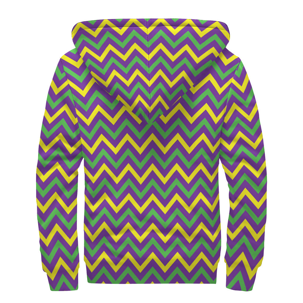 Mardi Gras Chevron Pattern Print Sherpa Lined Zip Up Hoodie for Free Spirited Hippies - 2