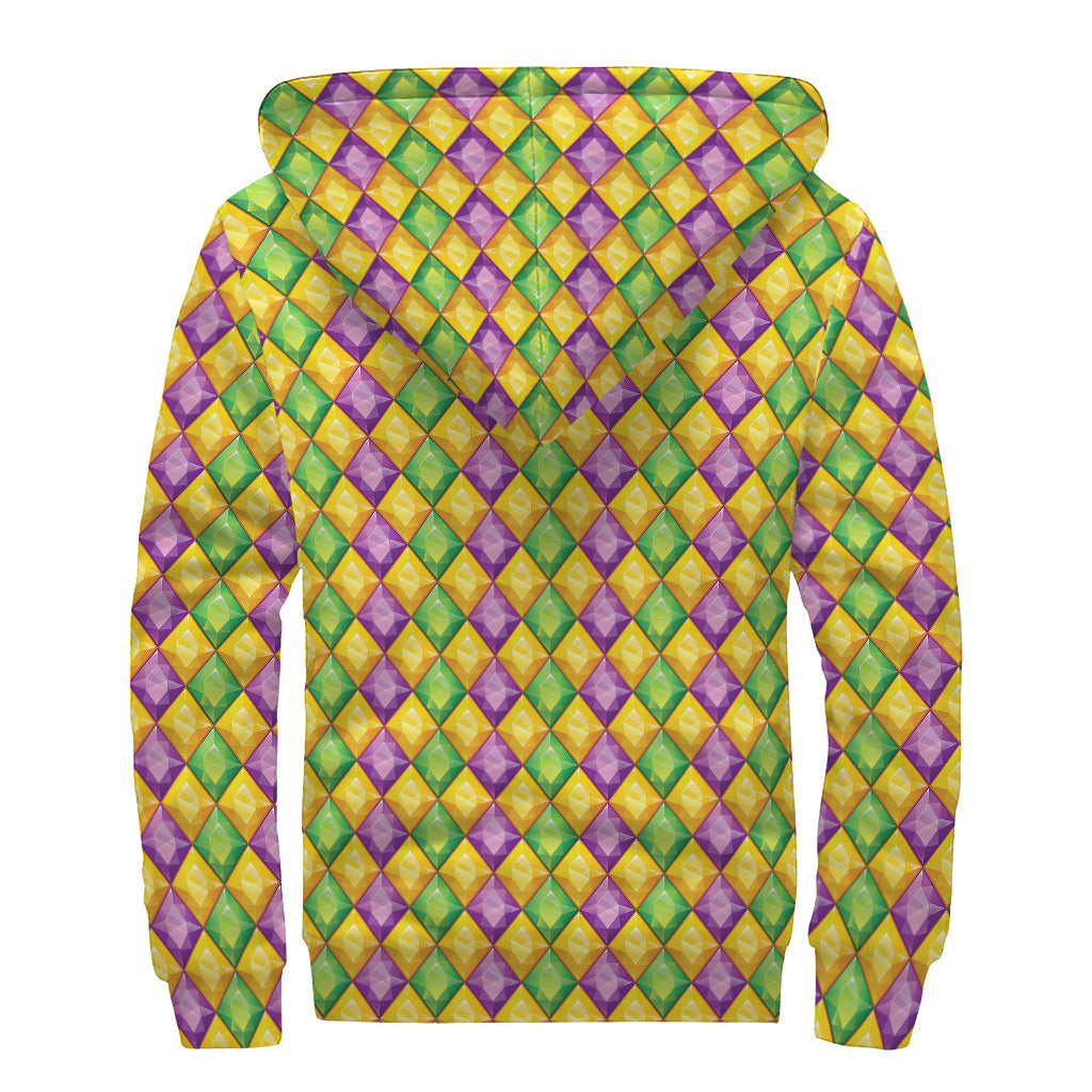 Mardi Gras Diamond Pattern Sherpa Lined Zip Up Hoodie for Groovy Hippies - 2