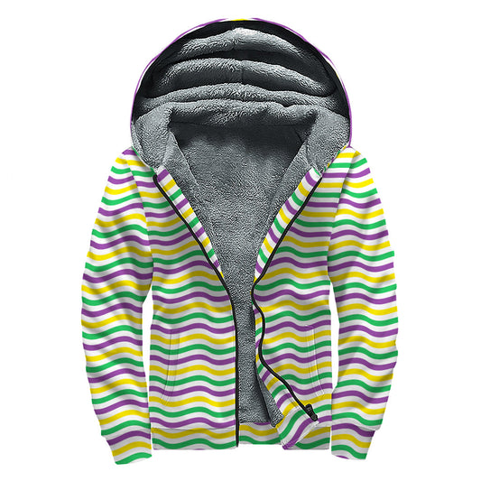 Groovy Mardi Gras Wave Pattern Print Sherpa Lined Zip Up Hoodie - 1