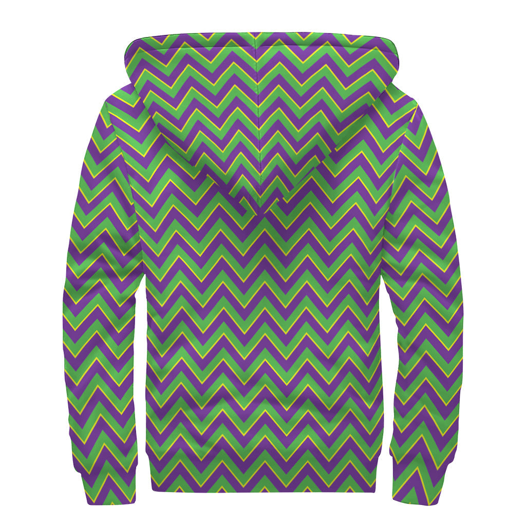 Mardi Gras Zigzag Pattern Print Sherpa Lined Hippie Zip Up Hoodie - 2