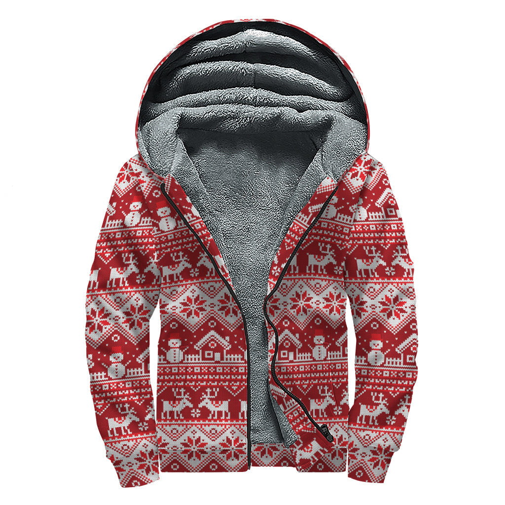 Merry Christmas Knitted Pattern Print Sherpa Lined Zip Up Hoodie for Hippie Chic Style - 1