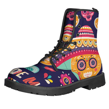 Groovy Vibes: Mexican Skull Cinco de Mayo Print Leather Boots for the Hippie Soul - 1