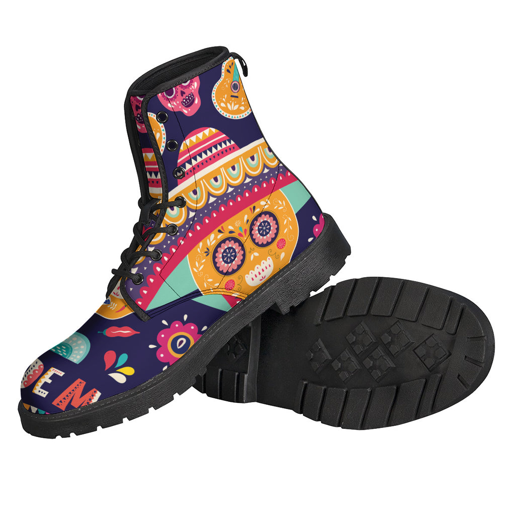 Groovy Vibes: Mexican Skull Cinco de Mayo Print Leather Boots for the Hippie Soul - 2