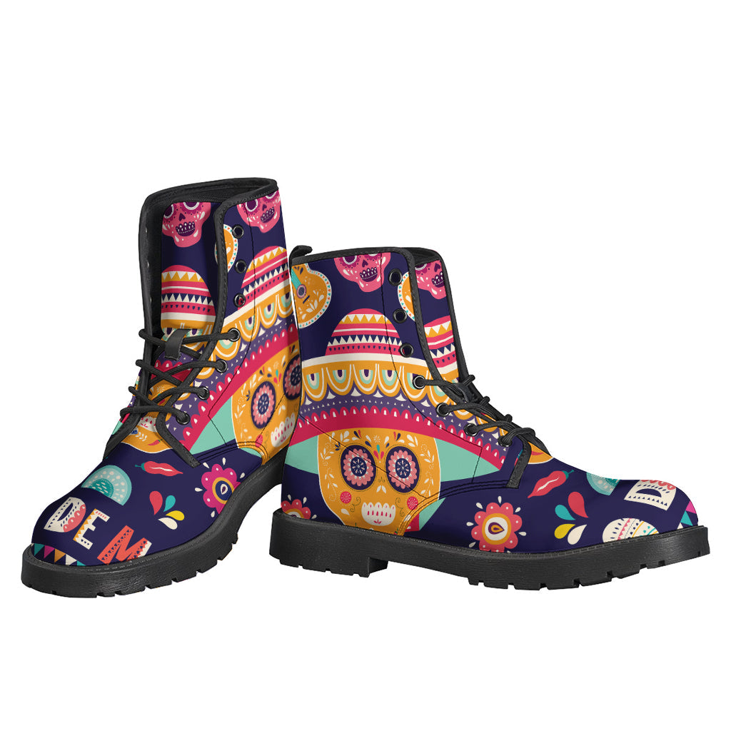 Groovy Vibes: Mexican Skull Cinco de Mayo Print Leather Boots for the Hippie Soul - 3