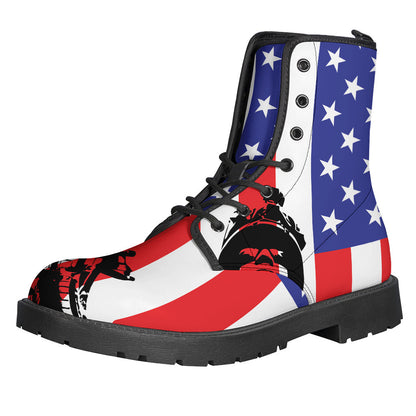 Groovy Vibes: Military American Flag Print Leather Lightweight Boots for Hippies - 1