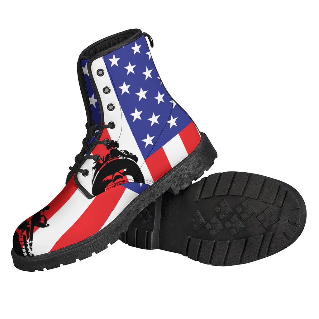 Groovy Vibes: Military American Flag Print Leather Lightweight Boots for Hippies - 2