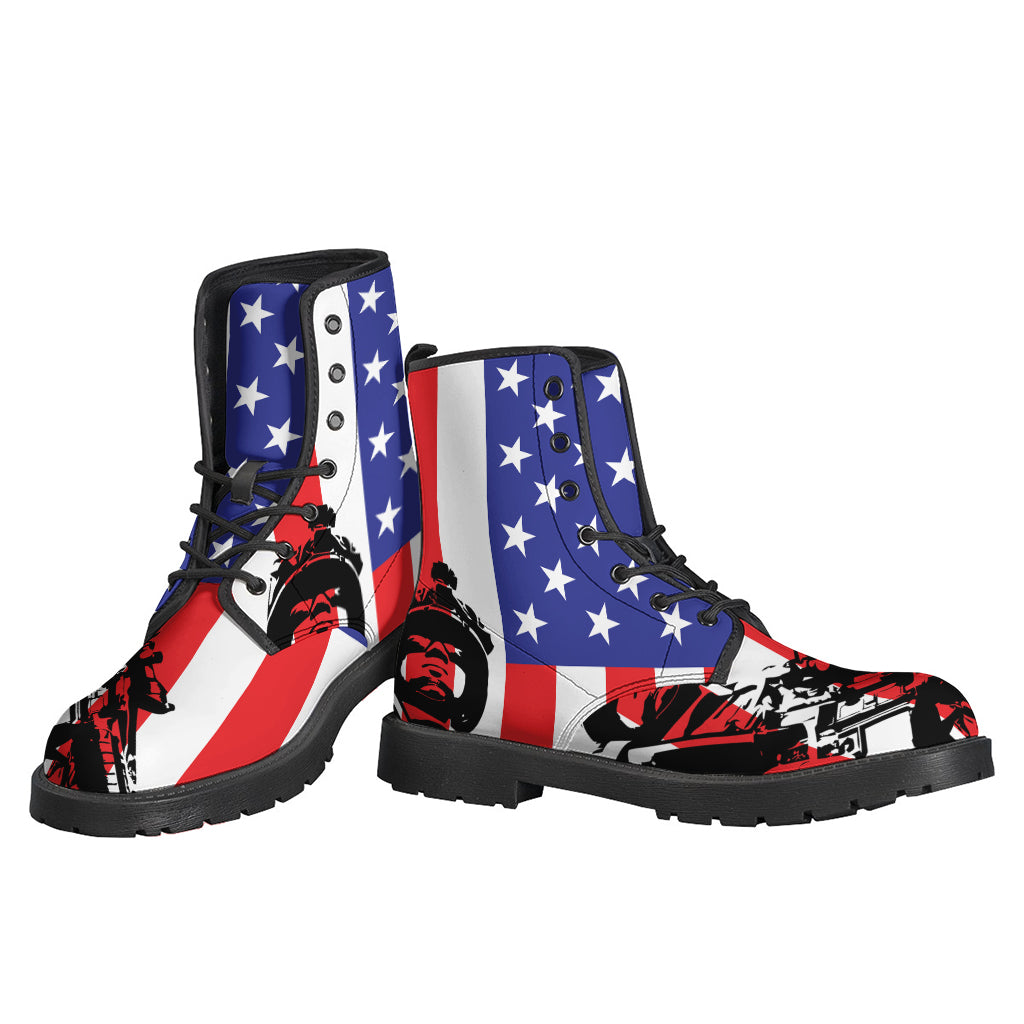 Groovy Vibes: Military American Flag Print Leather Lightweight Boots for Hippies - 3